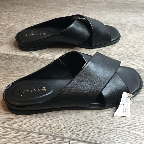 NWT Evolve Womens Black Odyssa Leather Xband Crisscross Slide Flat Sandal 9.5W - Picture 6 of 8